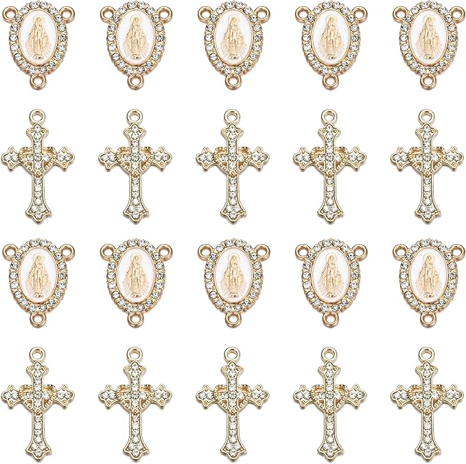 Jiali Q 20 Piece Set Rhinestone Cross Connectors and Pendants for Jewelry Making (Gold Our Lady of Grace)