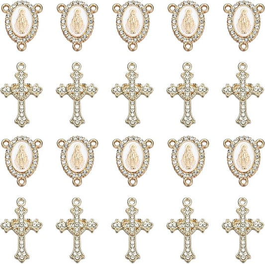 Jiali Q 20 Piece Set Rhinestone Cross Connectors and Pendants for Jewelry Making (Gold Our Lady of Grace)