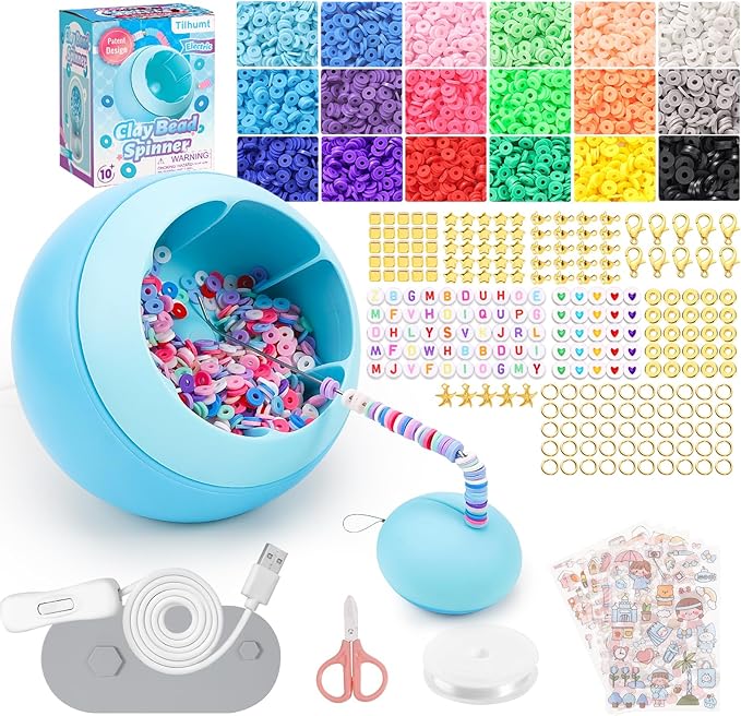 Tilhumt Bead Spinner Kit, 3826Pcs Bracelet Spinner Kit Electric Bracelet Maker Machine with Beginner Friendly Positioning Mat and 18 Colors Polymer Clay Beads for Jewelry Bracelets Making