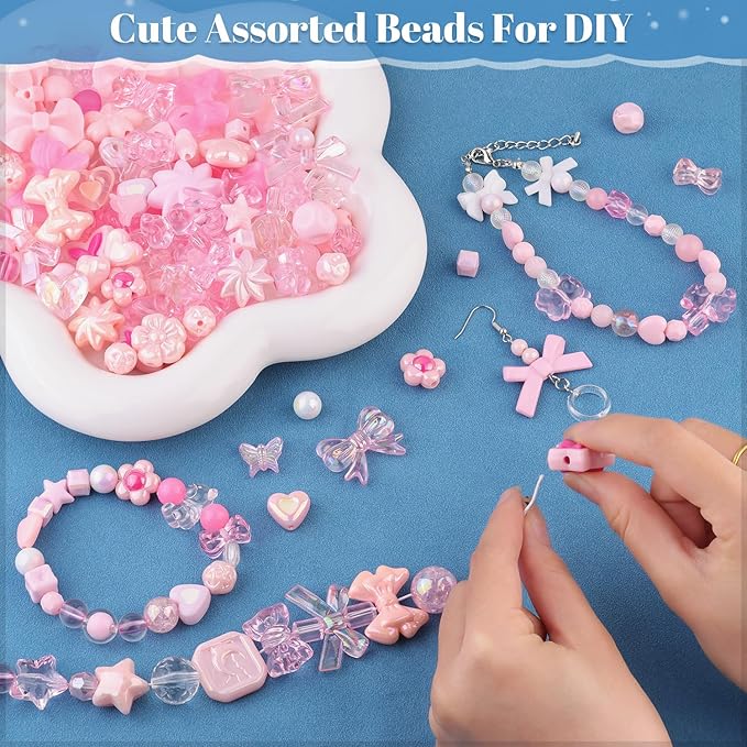 200-260PCS TINKRSTUFF Assorted Acrylic Beads Pink Cute Beads for Bracelet Making, Bow Star Aesthetic Flower Butterfly GummyBear Kawaii Charms for Jewelry Making Necklace DIY Keychain Phone Charm