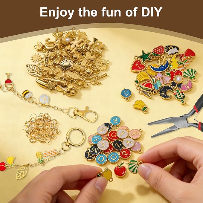Aucscott Lip Gloss Charms Keychain Making Kit, Make Your Own Keychain Kit for Girls - DIY Jewelry Craft Kits with A-Z Letter Charms for Custom Key Chain Lipgloss Lip Balm Earring Purse Bag Handbag