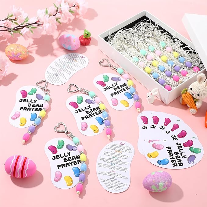 Equsion 423 Pcs/30 Sets Religious Easter Crafts Keychain Beads Making Kit with Jelly Bean Prayer Cards Colorful Beads for Easter Egg Filler Christian Church Sunday School Activities Party Favor Decor