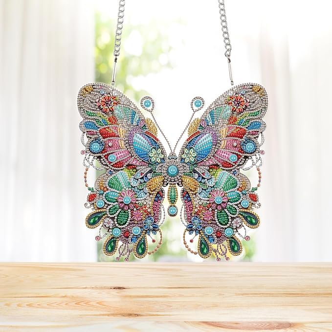 Diamond Art Painting Hanging Pendant, DIY Butterfly 5D Special Shape Crystal Diamond Art Partial Mosaic Making Craft Wreath Ornaments, Large size Home wall decor window decoration Handmade Gift