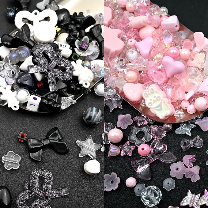 230-250pcs Assorted Acrylic Beads for Bracelet Making Kit, 200g Cute Beads for Keychain Making, Kandi Charms, Kawaii Jewelry Making, DIY Crafts (Black&Pink)