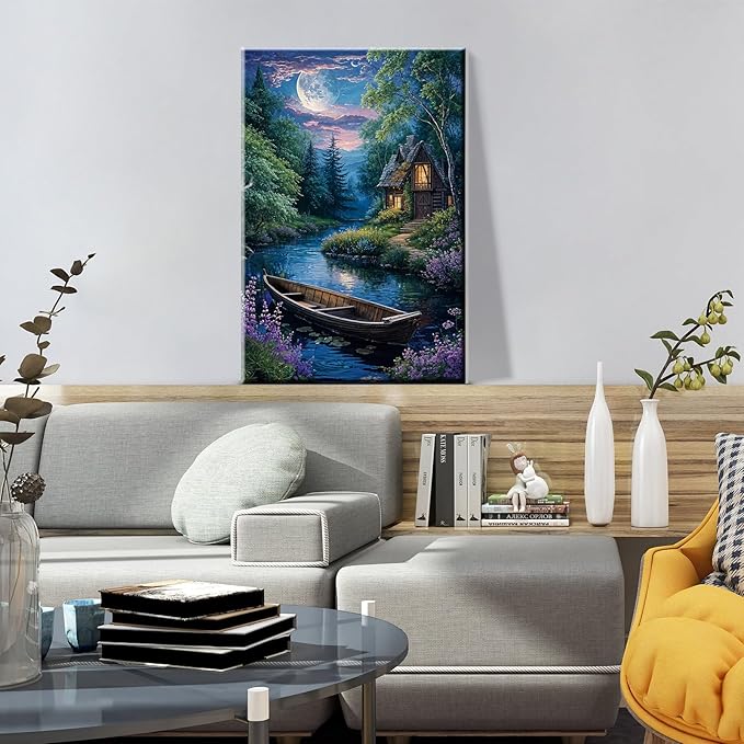 ATDMS Landscape Paint by Numbers Kit for Adult with Easel DIY Cabin Paint by Number with Frame Lake House Digital Oil Painting Kits for Wall Hanging Home Room Decor 7.87x11.81 Inch