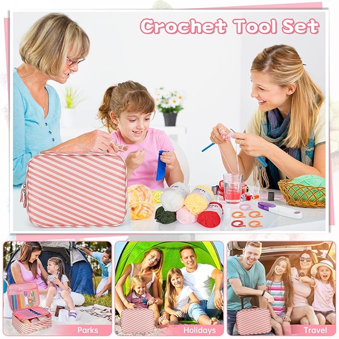 GMAK Crochet Kit for Beginners Adults, 59 PCS Crocheting Sets Include Yarn, Hooks and Tools, Portable Crochet Starter Kit for Making Variety Projects Crocheting Supplies, Pink Stripe