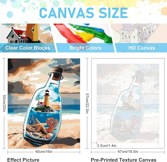 Paint by Numbers Kit for Adults - Beach Bottle Acrylic Adult Paint by Number Kits on Canvas for Beginner, Seaside Lighthouse DIY Oil Painting by Numbers for Adults, Perfect for Home Decor Gift 16"x20"
