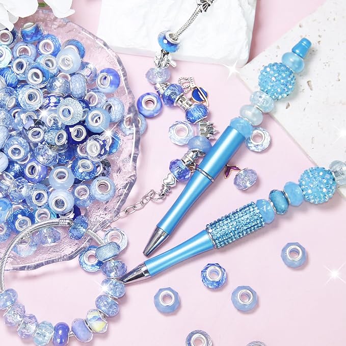 200Pcs Blue Large Hole Beads Assorted European Craft Big Beads Large Hole Lampwork Murano Bead Fairy Wand Garden Bead for DIY Charm Bracelet Necklace Jewelry Making Decoration Supplies