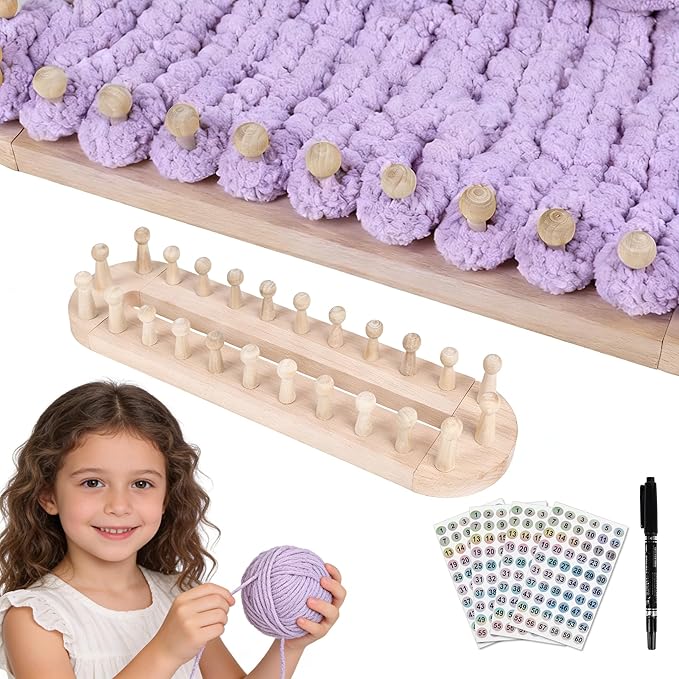 HomdMarket 18-inch Round Knitting Loom, Adjustable Circular Weaving Loom for Hats & Scarves - Premium Pure Beech Wood, Beginner-Friendly - Includes Number Stickers & Marker
