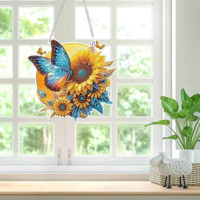 Bowetile Hanging Diamond Art Butterfly Kits for Adults, 5D Special Shape Diamond Painting Sunflower Kits, Diamond Gem Art Suncatchers Painting Pendant Ornament for Home Garden Wall Decor