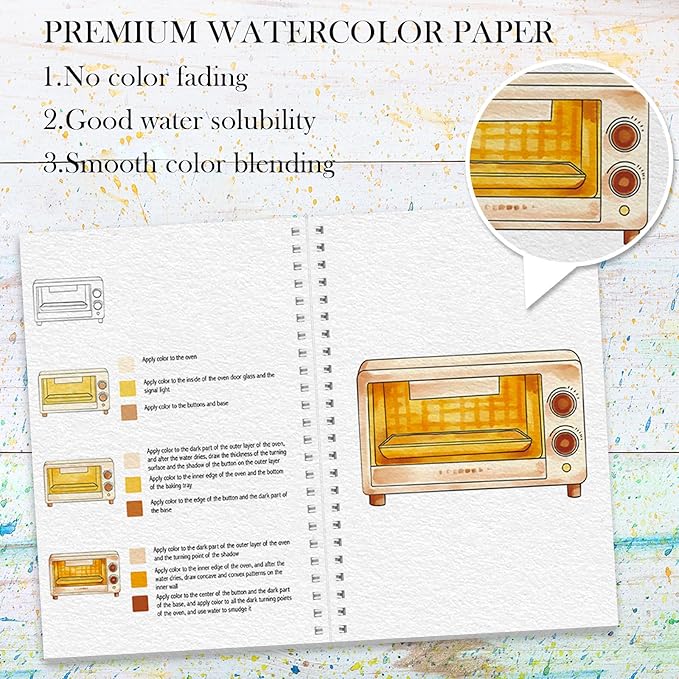 Watercolor Workbook, Watercolor Workbook Paint Book Beginner Friendly, 12 Different Patterns Stress-Relieving Art Crafts for Creative Exploration Gift for Women Adults Teens (Kitchen, 1)