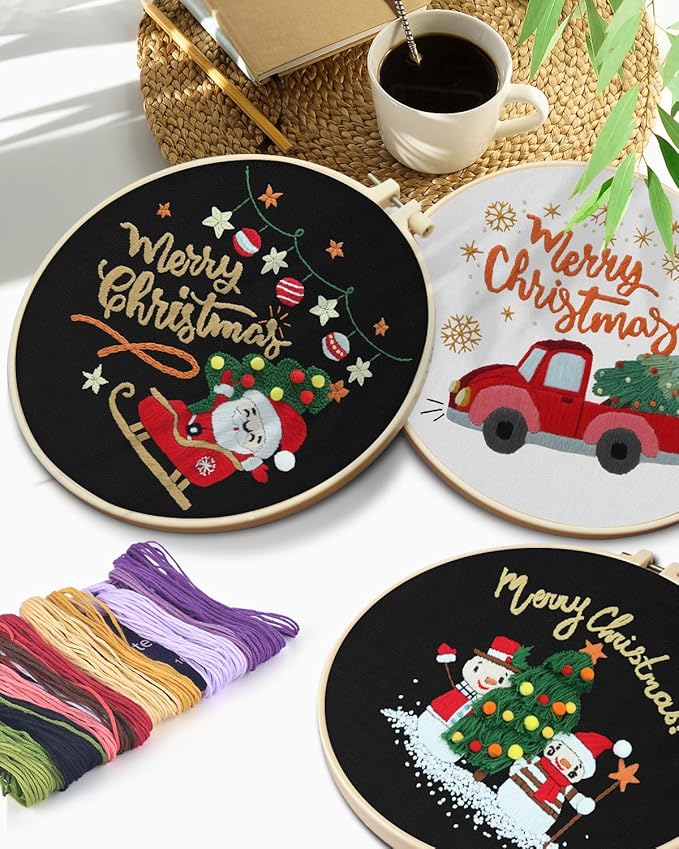 TINDTOP Christmas Embroidery Kit for Adult Beginners, 3 Sets Embroidery Stitch Practice kit Include Embroidery Cloth Hoops Threads for Craft Lover Hand Stitch