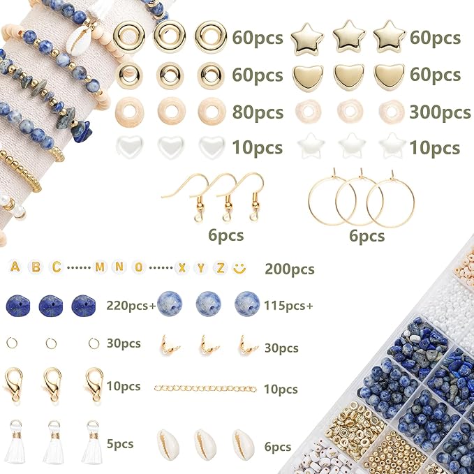 xylise jewelry making supplies kit natural stone beads for irregular natural stone with for diy craft bracelet necklace earrings for adults(blue dot color)