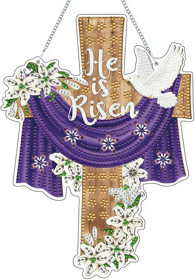 IASINN Cross and Doves Diamond Painting Pendant 5D Diamond Art Painting Kits for Adults Beginners, Special Shape Crystal Diamond Crafts Ornament Hanging Sign for Home Wall Window