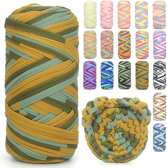 Tshirt Yarn for Crocheting,Rainbow T Shirt Chunky Elastic Fabric Thick T-Shirt Crochet Yarn for Beginners Crocheting Hand Knitting Bag/Basket/Coasters/DIY Crafts/Home Decor 200G-Blue Brown Green