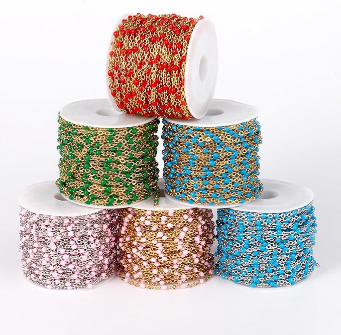 33 Feet Stainless Steel Enamel Chains Bulk, 2mm 304 Stainless Steel Pink Enamel Beaded Cable Link Chain Roll Spool for Jewelry Making