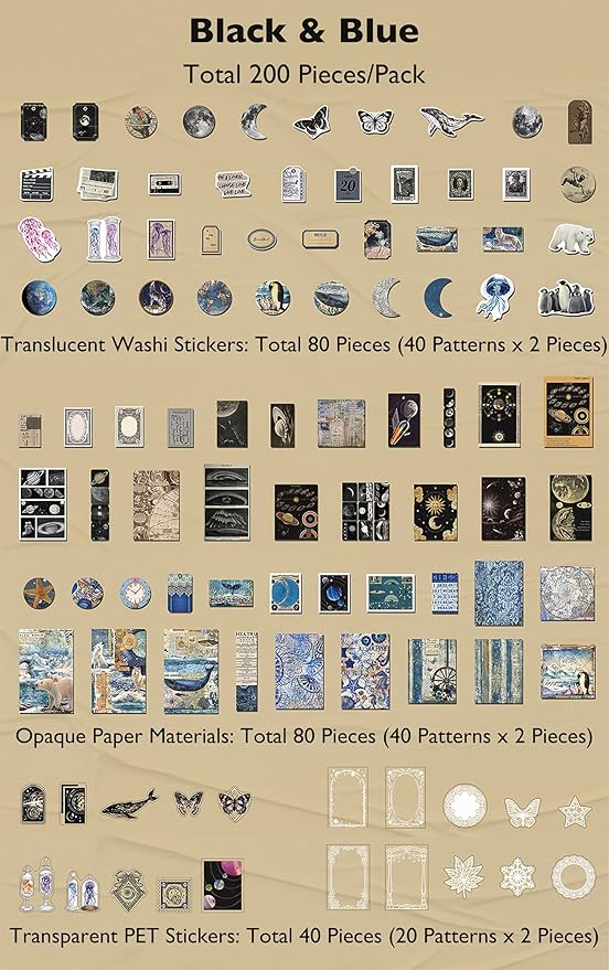 Knaid 200 Piece Vintage Ephemera Bundle - Paper & Sticker Kit for Junk Journaling, Scrapbooking, Planners, Bullet Journals, Collage, Decoupage - Black/Blue Tones