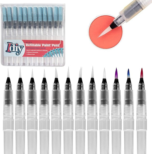 Refillable Watercolor Brush Pens Set of 12 – Water Brush Pens with 3 Tip Sizes (3mm, 4mm, 5mm) – Nylon Point Tips for Painting, Lettering, Calligraphy & DIY Crafts – Easy Flow Control & Easy to Clean