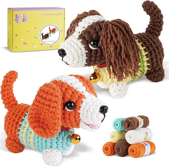 LUDOTEK Crochet Kit for Beginners, Crochet Animal Kits,Crocheting Kit for Starters with Step-by-Step Video Tutorials, Beginner Crochet Kits for Adults(2 Pack Dog)