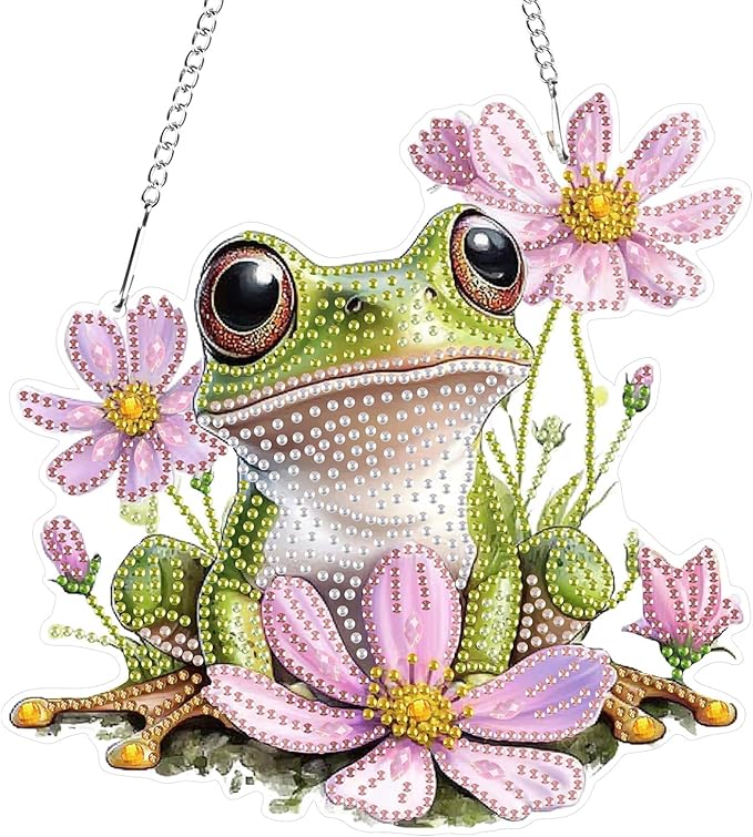 Hanging Diamond Art Kits for Adults Beginners, Frog Flower Diamond Painting Pendant Kit, DIY Acrylic 5D Special Shaped Crystal Diamond Gem Art Painting Hanging Ornament for Home Wall Decor and Gift