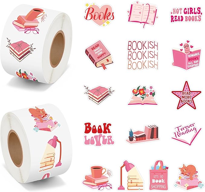 beyumi pink bookish sticker roll - 1000pcs pink bookish stickers in 2 rolls waterproof reading book aesthetic kindle decals gift laptop bottle scrapbook luggage envelope decor for kids girl book lover