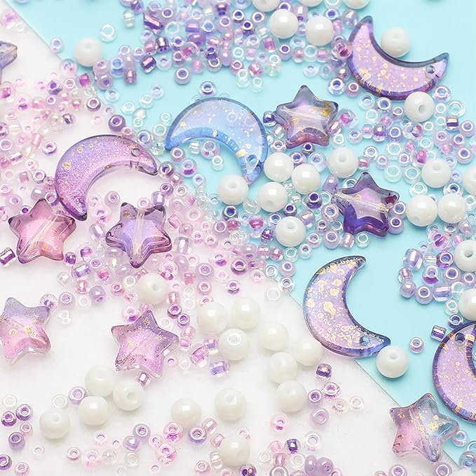 Mixed Star Moon Crystal Glass Beads Seedbeads Loose Round Pearl Beads for Jewelry Making Craft Bracelets Necklaces Earrings DIY Crafts Projects Purple Glass Spacer Bead Kits for Crafts