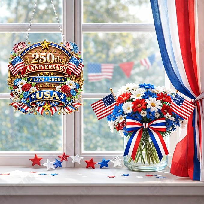 Eiflow 250th Anniversary USA Diamond Art Hanging Kit for Adults, DIY Acrylic Diamonds Painting Door Hanger Board Kit, Crystal Diamond Art Painting Pendant Ornament (4th of July Eagle)