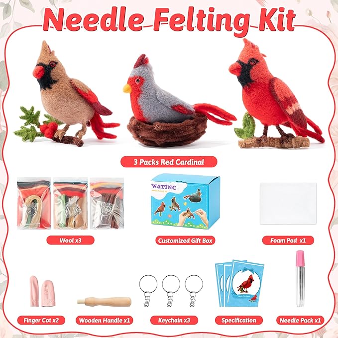 WATINC Needle Felting Kit - 3 Set Unique Different Cute Doll Wool Felt Needle Tools Foam Pad Instruction, DIY Home Decoration Craft Party Supplies for Art Work Starter Beginners (Cardinal)