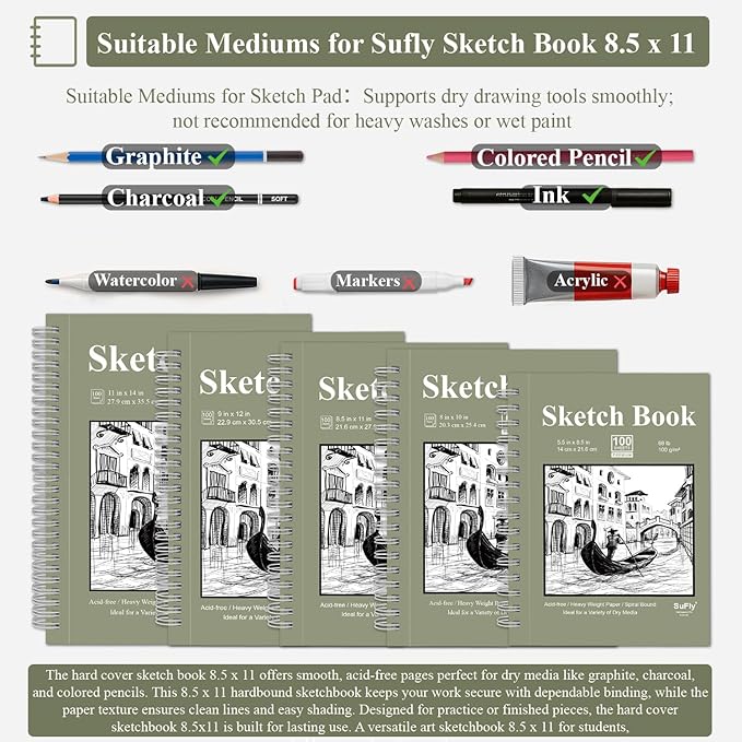 sketch book 8.5 x 11, sketch pad, pack of 1 (68lb/100gsm), 100 sheets spiral sketchbook, acid free drawing paper, sketch pads for drawing for adults, art paper for drawing and painting for kids.