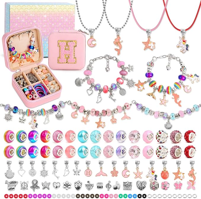LifeisLuck Charm Bracelet Making Kit - 110 Pcs Beads Jewelry Making Kit, Unicorn & Mermaid Crafts Birthday Gifts with H Initial Personalized Bracelet Case