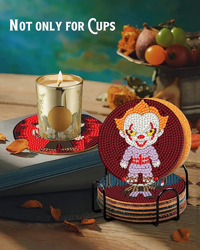 8Pcs Diamond Painting Coasters with Holder,DIY Halloween Life Coaster Diamond Art Kits for Adults Kids,Beginners Round Full Drill Diamond Art Craft Supplies