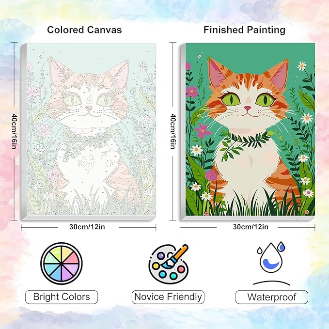 Yezavesu 12x16 Inch Cat Framed Paint by Numbers Kit for Adults Beginner, Orange Cat Paint by Numbers with Frame, DIY Number Painting for Adults for Home Wall Decor Gift