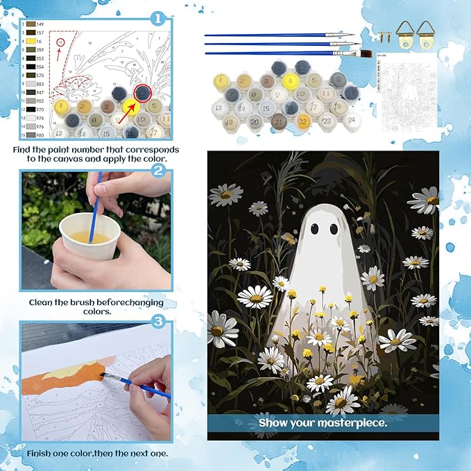 NPCSWXQ Paint By Numbers Kit for Adults Beginners, Ghost Floral Painting Crafts Number Art Paint Kits for Home Wall Bedroom Study or Office Decor Gift 16x20Inch