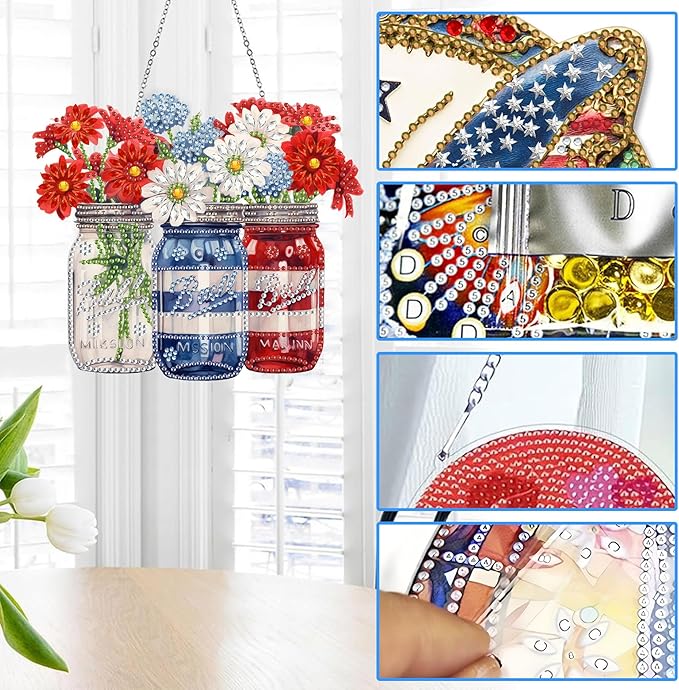 Reofrey Hanging Diamond Art Kits for Adults– 8x8Inch Flowers Hanging Ornament Acrylic Board Double Sided Pattern Crystal Diamond Art Suncatcher Pendant, for Home Wall Window Decoration Handmade Gift