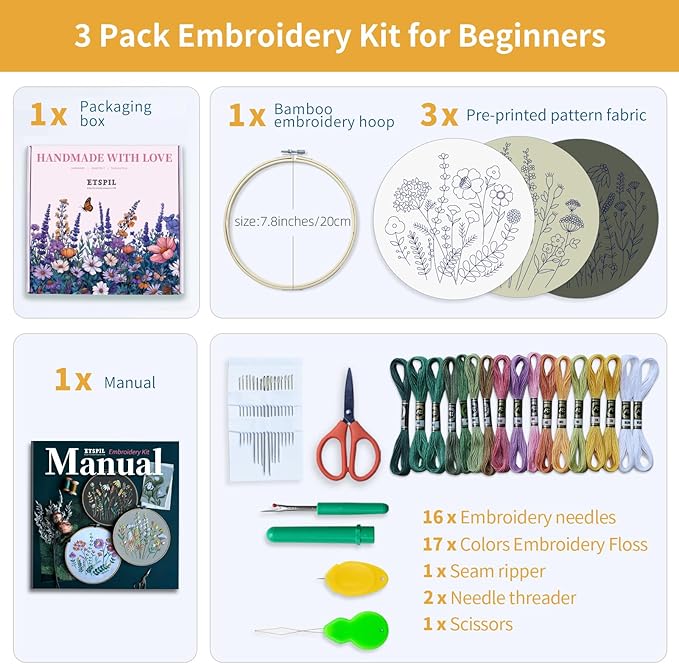 ETSPIL 3 Pack Beginner Embroidery Kits for Adults, DIY Starter Set with Stamped Flower Designs, Embroidery Hoop, Colorful Threads, Tools, Step-by-Step Instructions & Video Tutorial