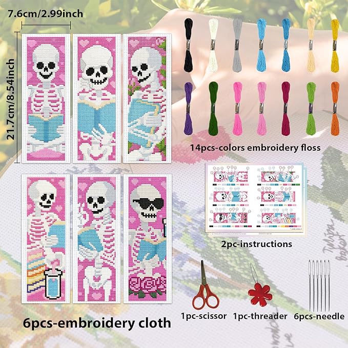 ACRNIGHEET 6PCS Cross Stitch Kits Stamped Cross Stitch Bookmark Kit for Beginner Adults Skull Reading Embroidery Bookmark Kit Needlepoint Kits with Instructions Book Lovers Craft Gift 8.5''x3'' 11CT