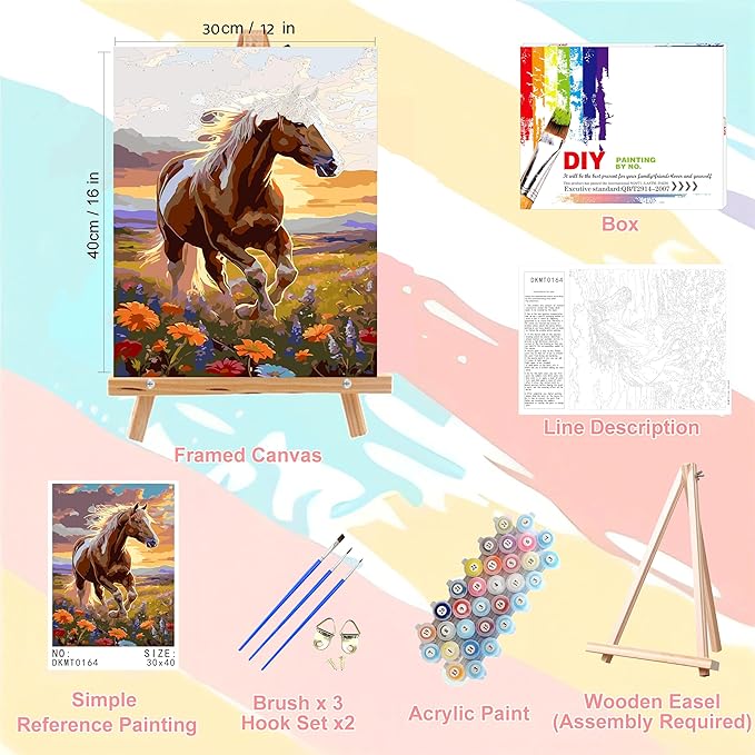Horse Paint by Numbers for Adults with Framed Canvas-with Wooden Easel,Paint by Number on Canvas Animals,DIY Acrylic Oil Painting Kits with Brushes Nice Gift Box for Home Wall Decor(12x16inch)