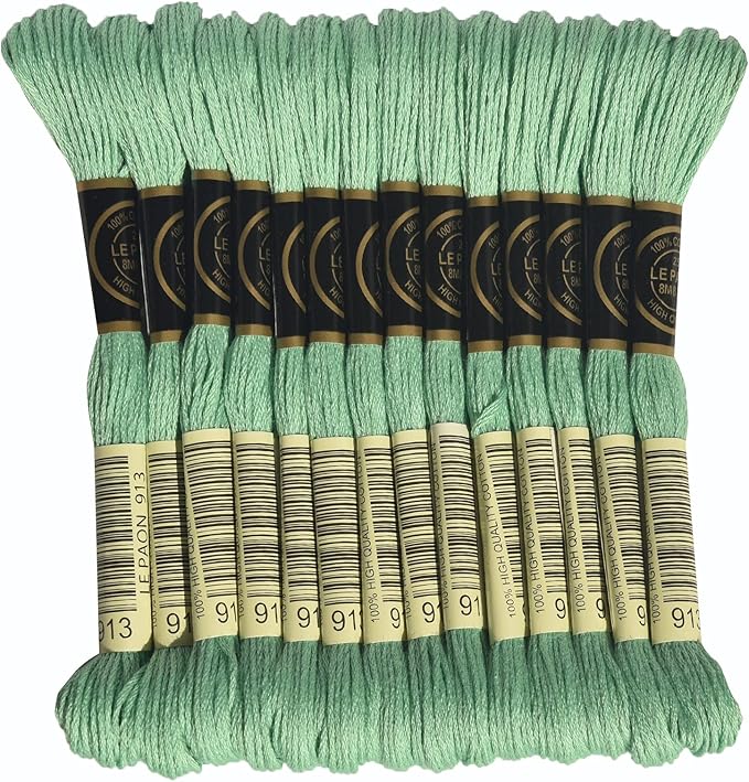 LE PAON Embroidery Floss, 14-Pack Six Strands 100% Long Staple Cotton Embroidery Thread, 8.7-Yard，Color Number：913, Medium Nile Green
