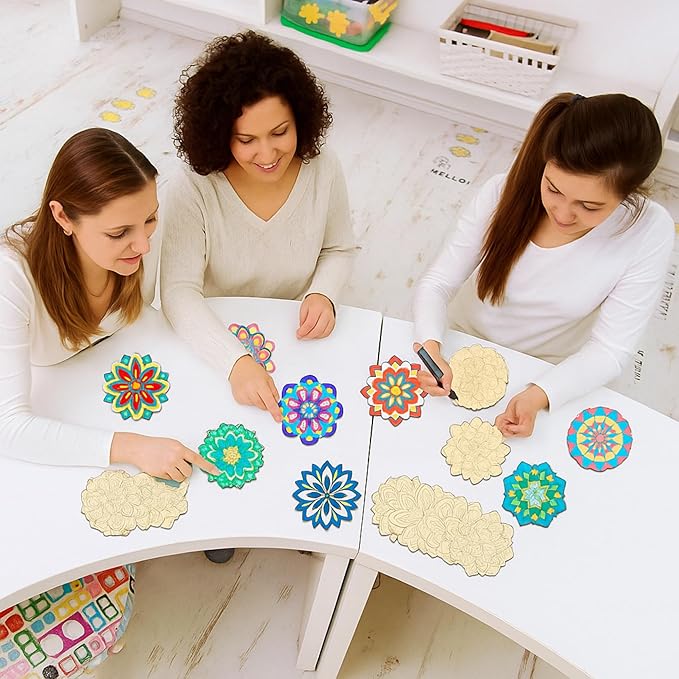 Blosssound 40 Pcs Unfinished Wood Mandala to Paint Wooden Mandala Painting Crafts Diwali Art Slices for Adult to Relax Painting DIY Crafts Ornament Wedding Home Decorations, 4 Inch(Fresh)