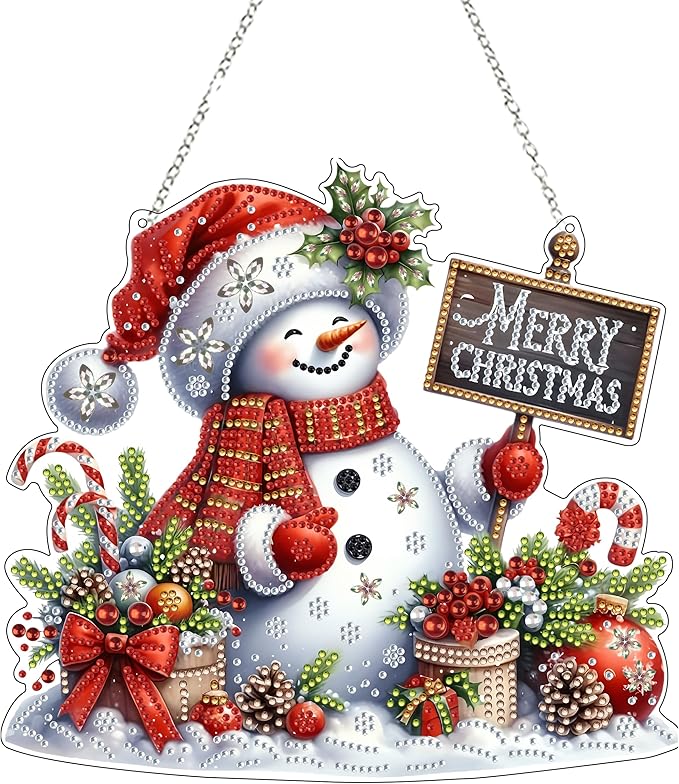 JJFox Diamond Art Hanging Kit for Adult,Special Shaped Rhinestone,DIY Acrylic 5D Diamond Art Painting Window Pendants Home Garden Wall Hanging Kits Hanging Ornament,Double Sided. (Christmas snowman1)