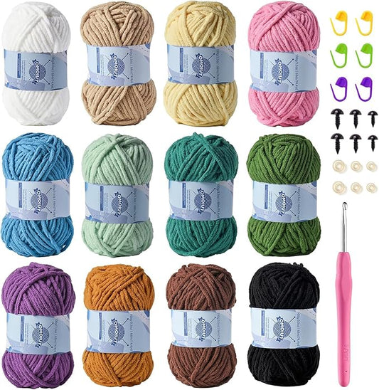 12 Pack Fluff Chenille Chunky Yarn for Crocheting Premier Puzzle - Velvet Baby Crochet Yarn with Black White Purple Pink Blue Coffee Red Premier Khaki Yellow Amigurumi Yarns Set B