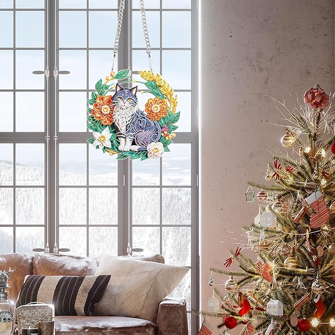 Flower Birdcage Design DIY Diamond Art Painting Wreath Kits Special Shaped Rhinestone Diamond Art Window Pendants Home Garden Wall Hanging Kits (Single Side Point Drill) (#11-Cat) (#13-Cat)