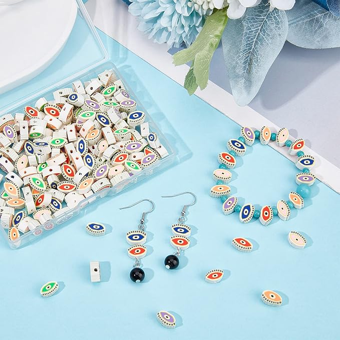 SUNNYCLUE 1 Box 200Pcs Clay Beads Evil Eye Handmade Polymer Clay Evil Eye Beaded Oval Shaped Clay Slices Charm Bead Loose Spacer Beads for Jewelry Making Beading Bracelets Necklace DIY Craft Supplies