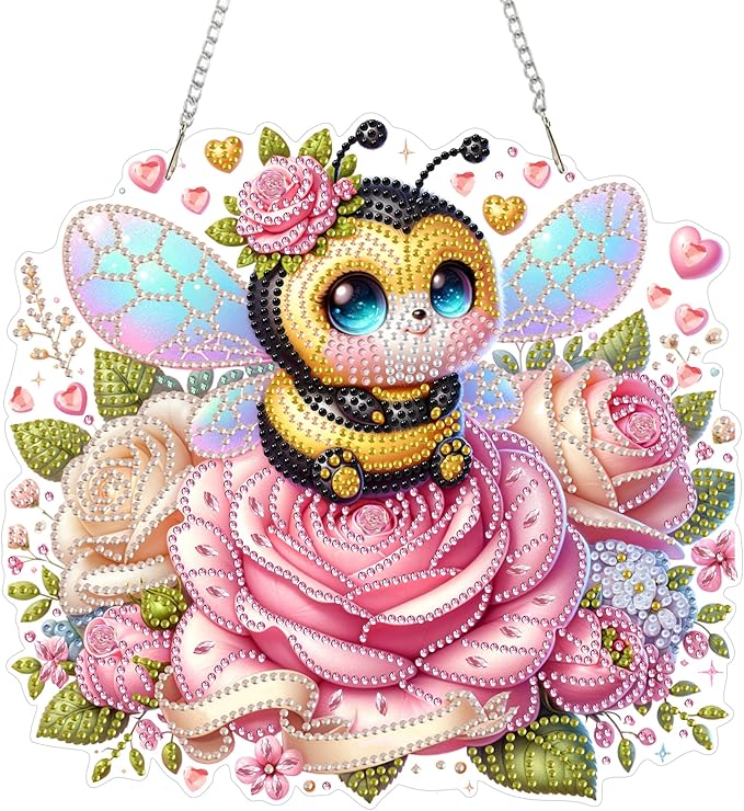 Eiflow Acrylic Diamond Art Hanging Kit for Adults, DIY Diamonds Painting Door Hanging Board Kit, Special Crystal Diamond Art Painting Pendant Ornament (Valentine Bee)