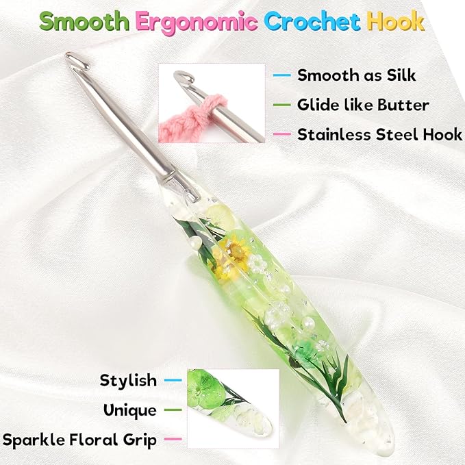 Katech 5.5mm Crochet Hook for Arthritic Hands, Hand-Polished Stainless Steel Ergonomic Crochet Hooks with Customized Sparkle Dried Floral Grip, Soft Tapered Hook-Crochet Gift for Beginner & Crocheter
