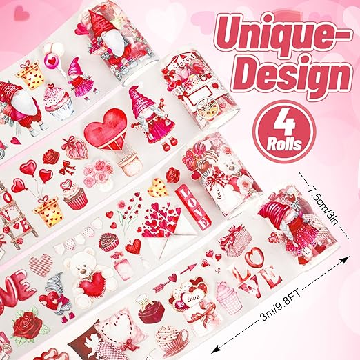 JarThenaAMCS 39.2Ft Valentine's Day PET Washi Tape 4 Rolls Pink Red Love Heart Gnome Transparent Adhesive Masking Tape for Cut & Use as Wedding Stickers Scrapbook Journal DIY Crafts Wrapping