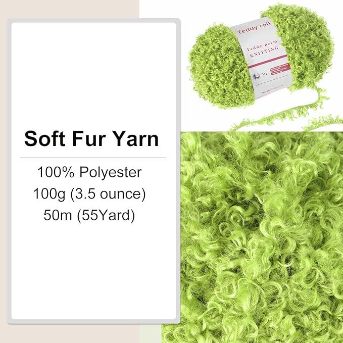 MECCANIXITY 1 Skeins Eyelash Yarn Fur Soft Fluffy Chunky Polyester Yarn Fuzzy Light Green for Crocheting Knit DIY Clothes Bag - 55Yard/50m, 3.53oz