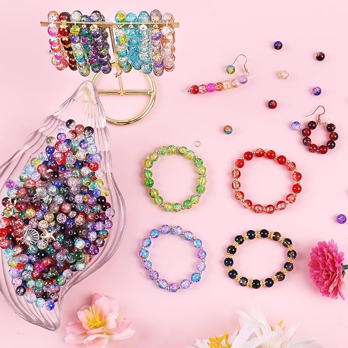1800PCS 8mm Crackle Glass Beads Bracelet Making Kit, 48 Colors Glass Beads for Jewelry Making, Round Crystal Beads for Bracelets, Friendship Bracelet kit for DIY Crafts Gifts, 2 Box (Crackle Colors)