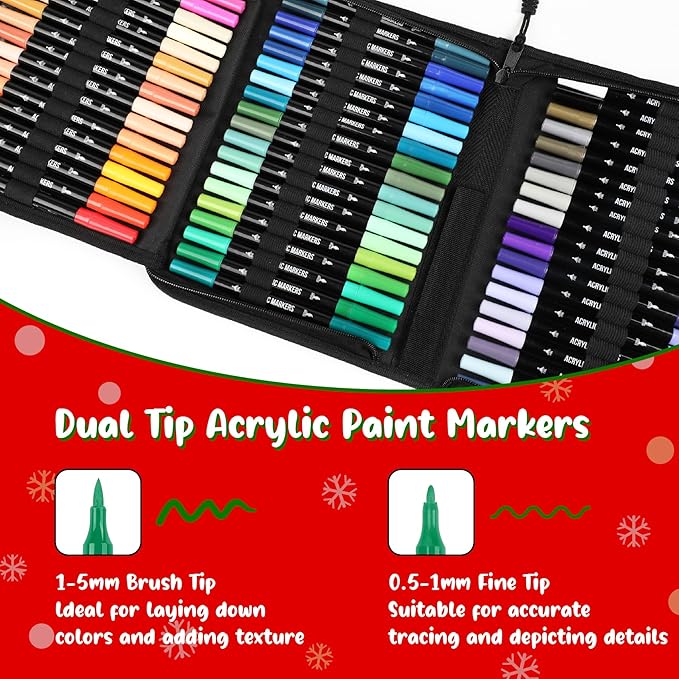 pagather 72 colors acrylic paint markers, dual tip with fine tip and brush tip pens for stone, wood, calligraphy, canvas, ceramic, metal, glass, rock painting, diy crafts art supplies kit