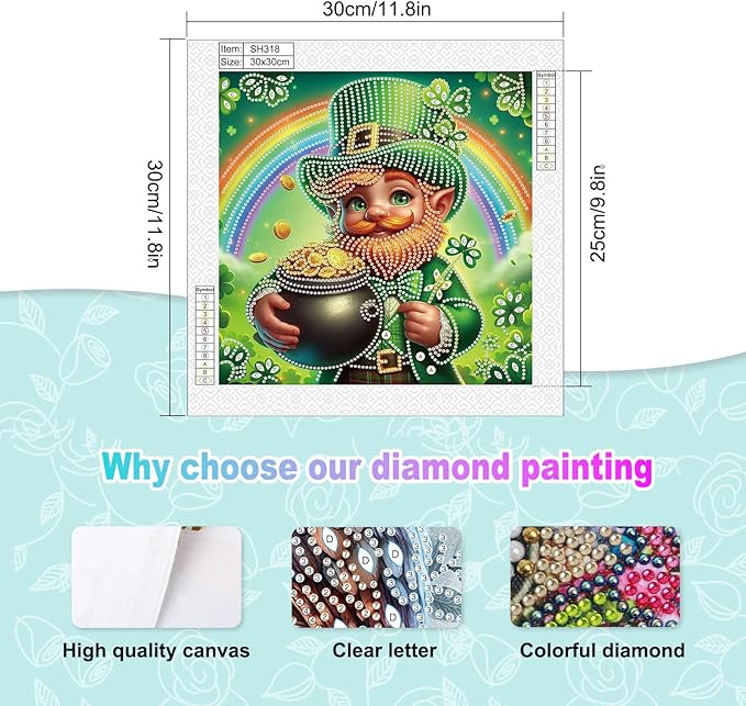 MVVMTOP Diamond Painting Kit St Patrick’s Day Dwarf and Rainbow Shamrock Lucky Coins Special Shaped 5D Partial Crystal Diamond Art DIY Wall Decor Gift
